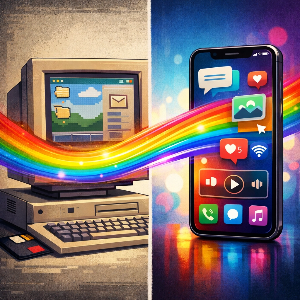 Evolution from 1990s computers to modern smartphones showing LGBTQ+ digital dating progress