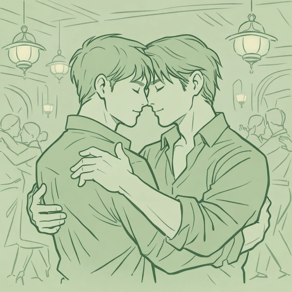 Two men in passionate tango embrace at Buenos Aires milonga - MM romance step-brother story setting