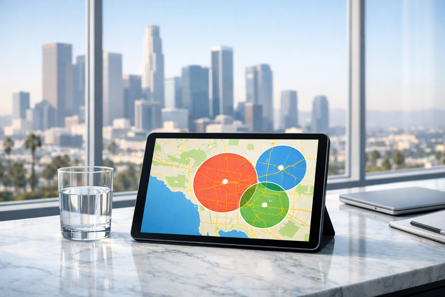 Tablet showing hyper-targeted DOOH radius maps in a professional Los Angeles office overlooking the skyline.