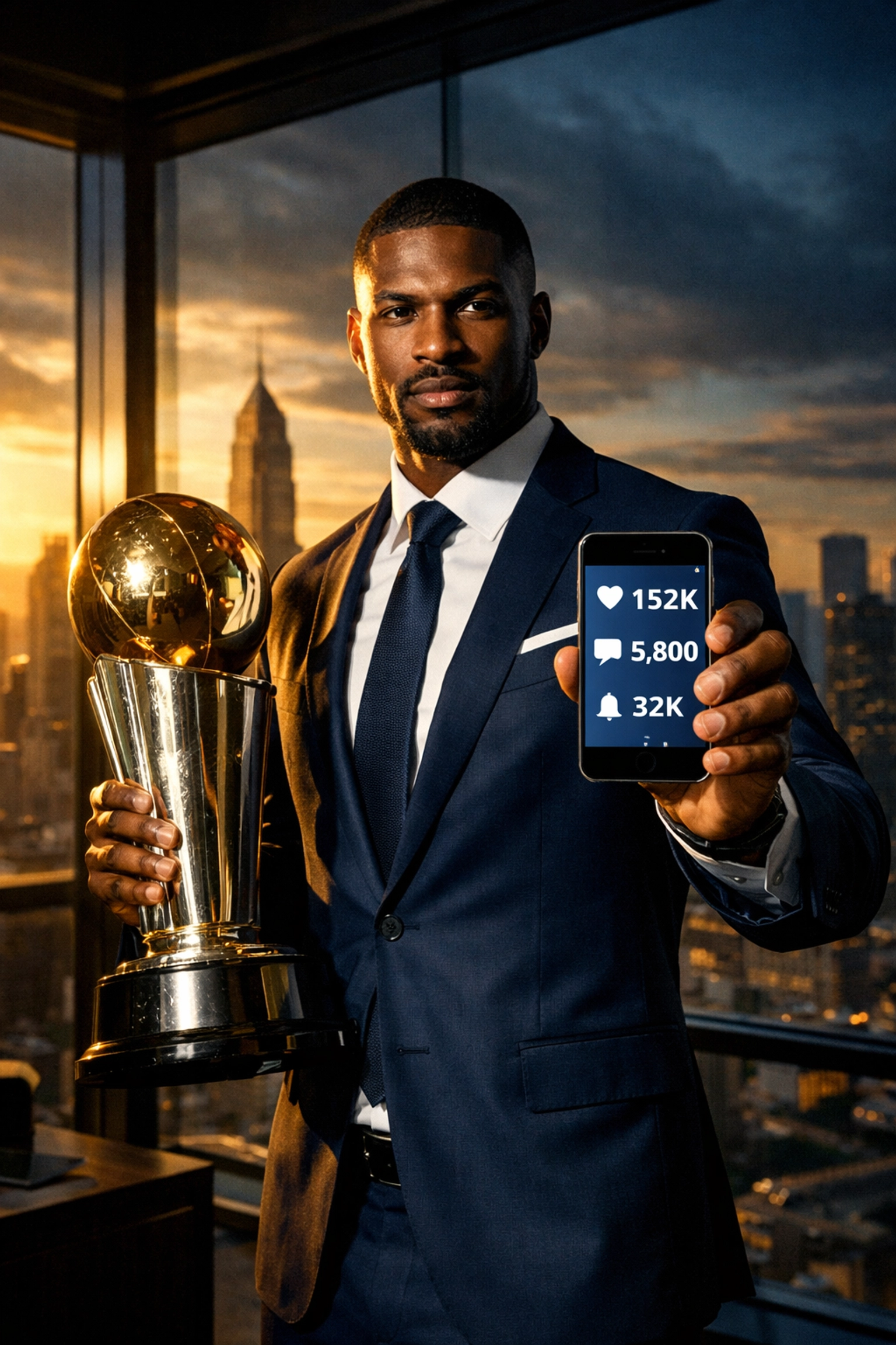 Professional athlete in business suit holding championship trophy and smartphone showing personal brand success