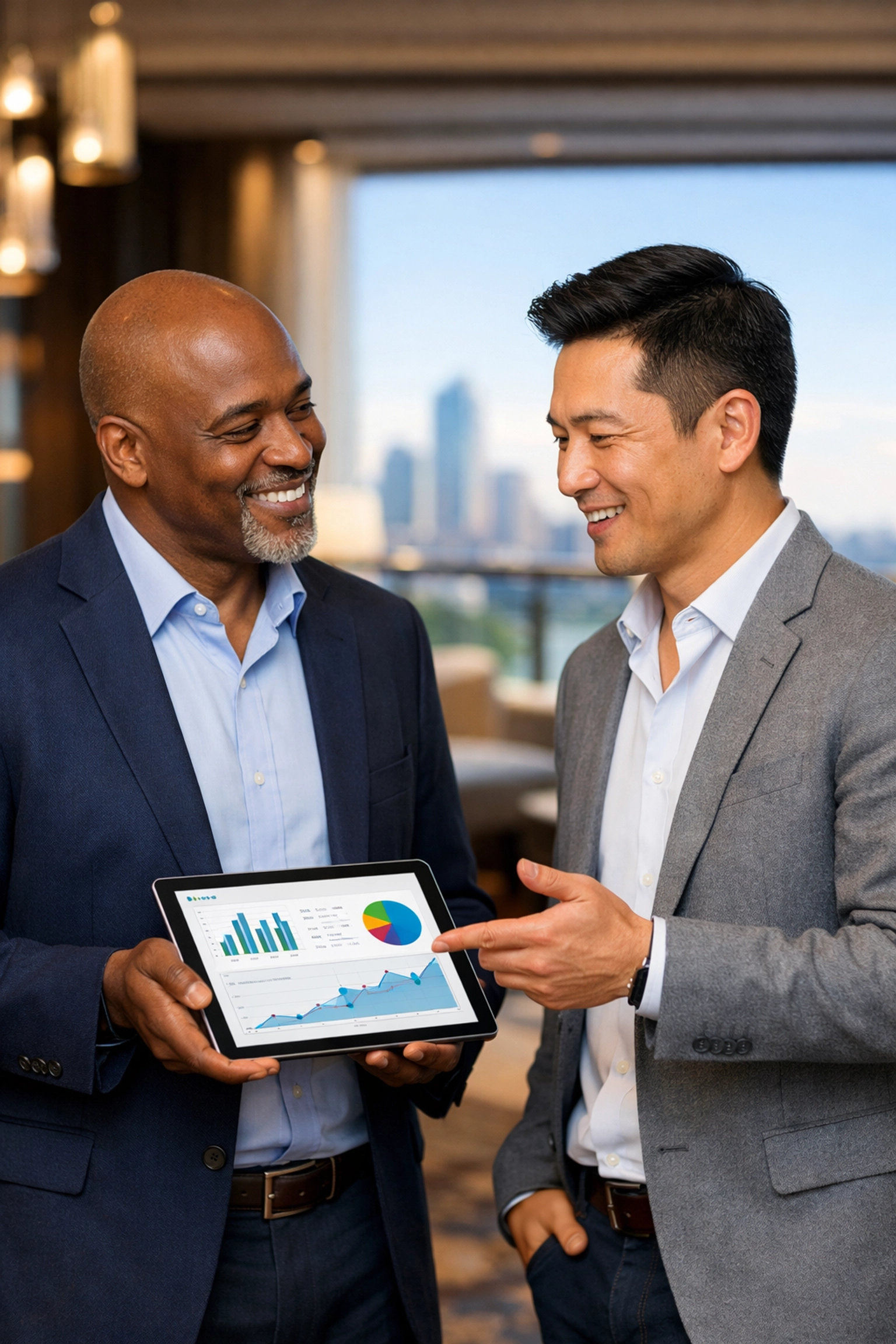 Corporate executives reviewing event analytics on a tablet to measure Super Bowl hosting ROI and strategy.