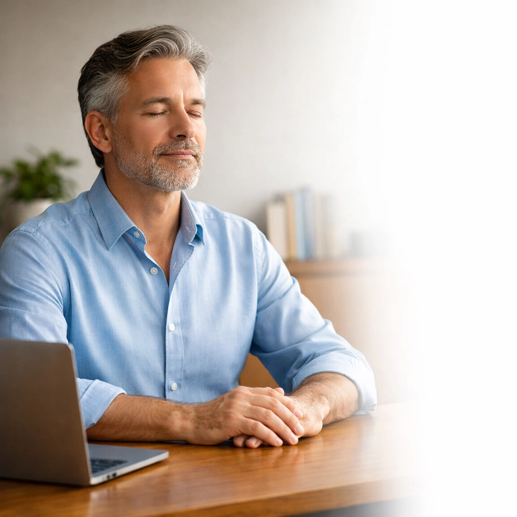 A grounded entrepreneur in recovery practicing mindfulness in a quiet office to maintain work-life balance.