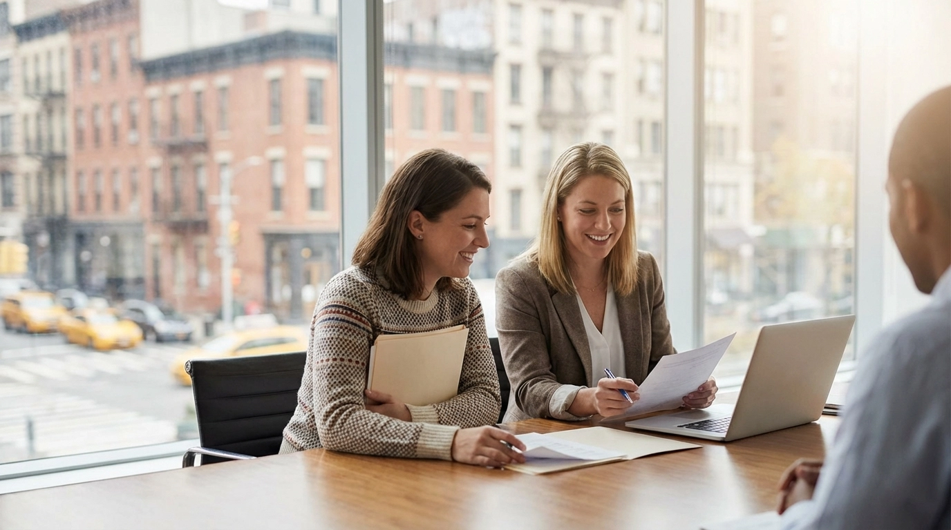 Pregnant New York surrogate reviewing compensation documents in a bright, secure home environment.