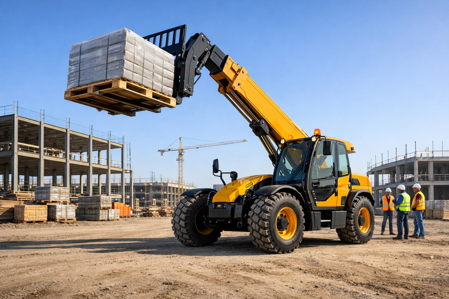 Vetted CPCS telehandler operator lifting materials on a modern construction site for site labour hire.