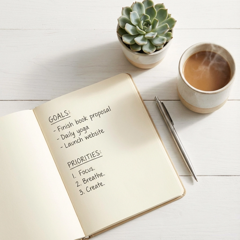 Open notebook with goals and priorities listed. Pen, coffee cup, and succulent on white wooden desk. Calm and organized setting.