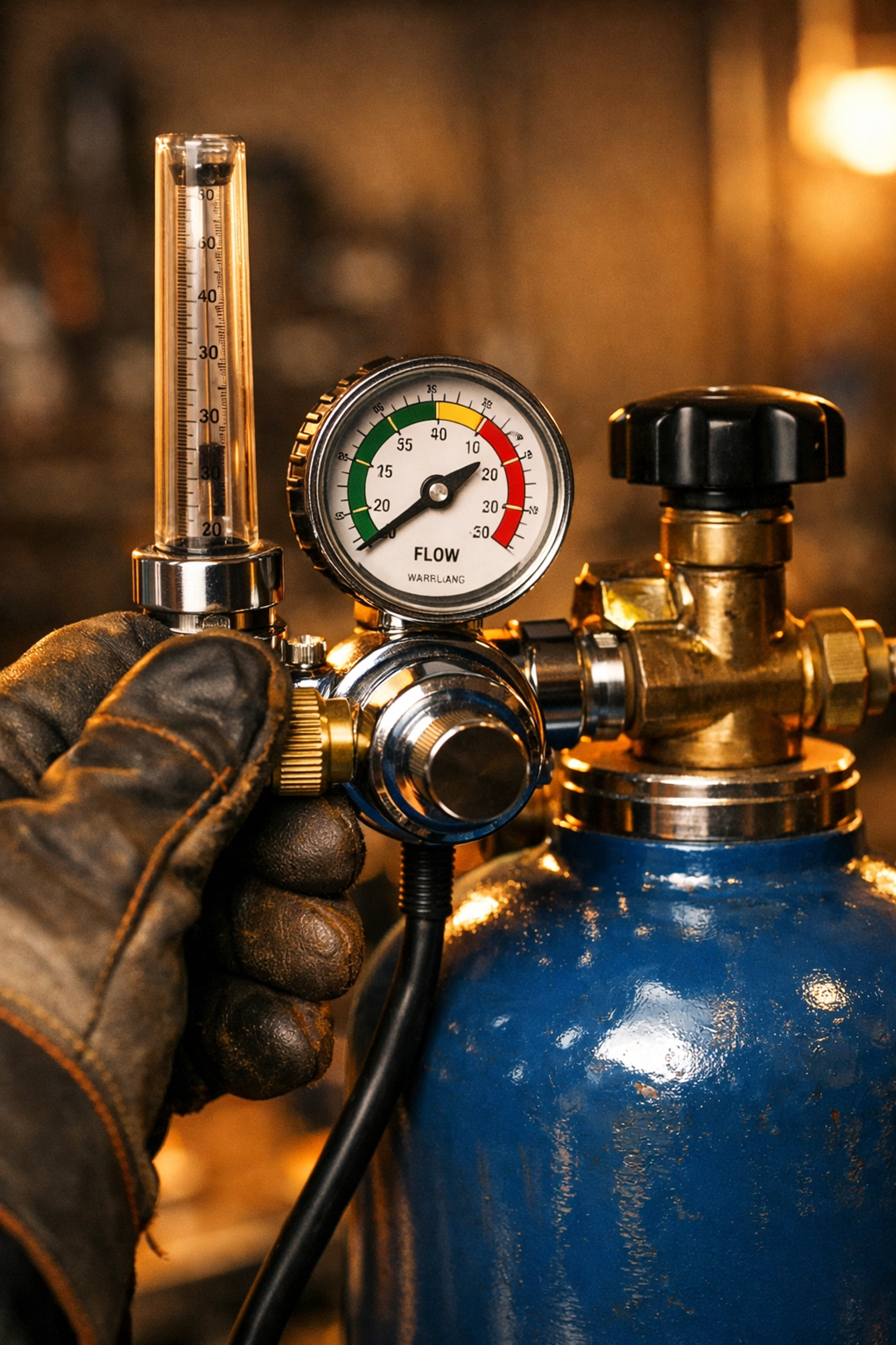 Welder adjusting gas regulator on MIG cylinder showing pressure gauge and flow rate settings