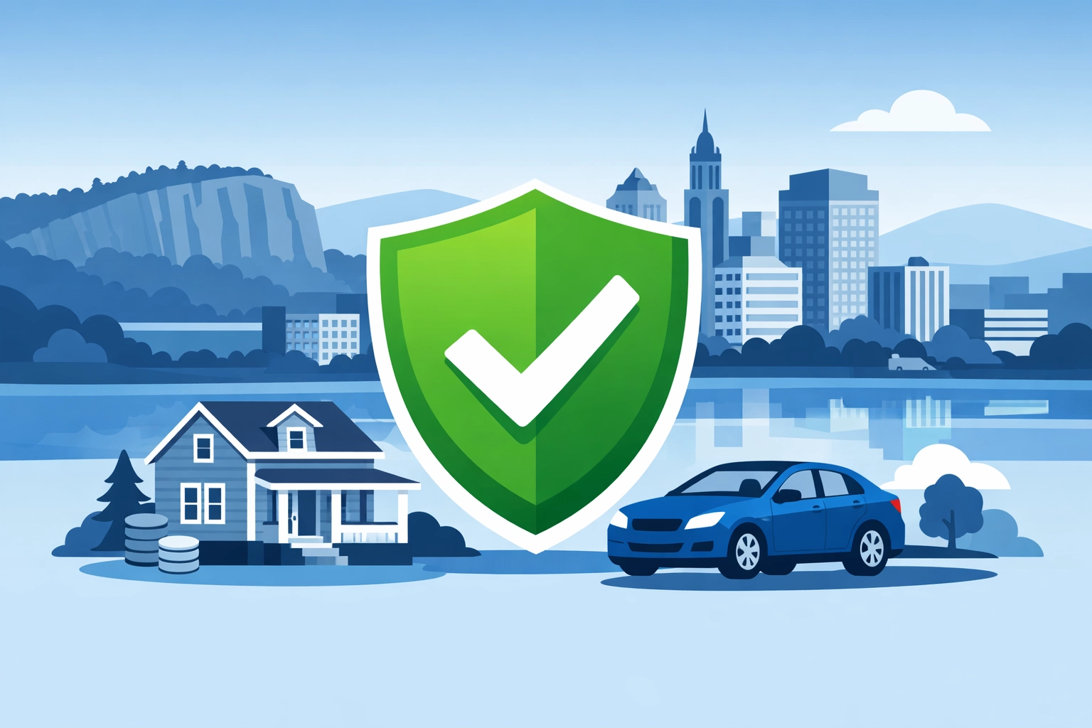 New Haven skyline with a protective shield icon representing local Connecticut tax preparation services.