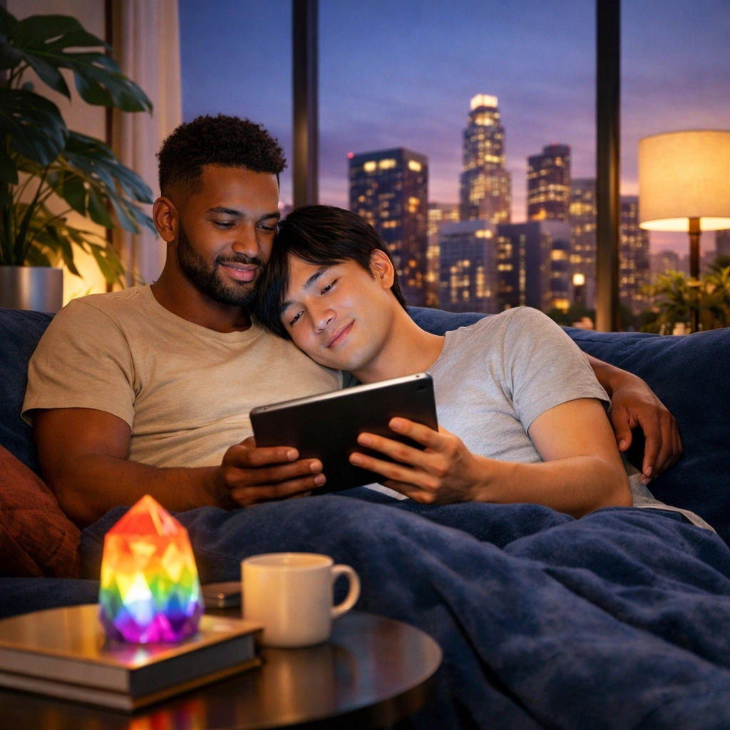 Diverse gay couple relaxing at home, symbolizing healing and modern themes in 2026 gay fiction.