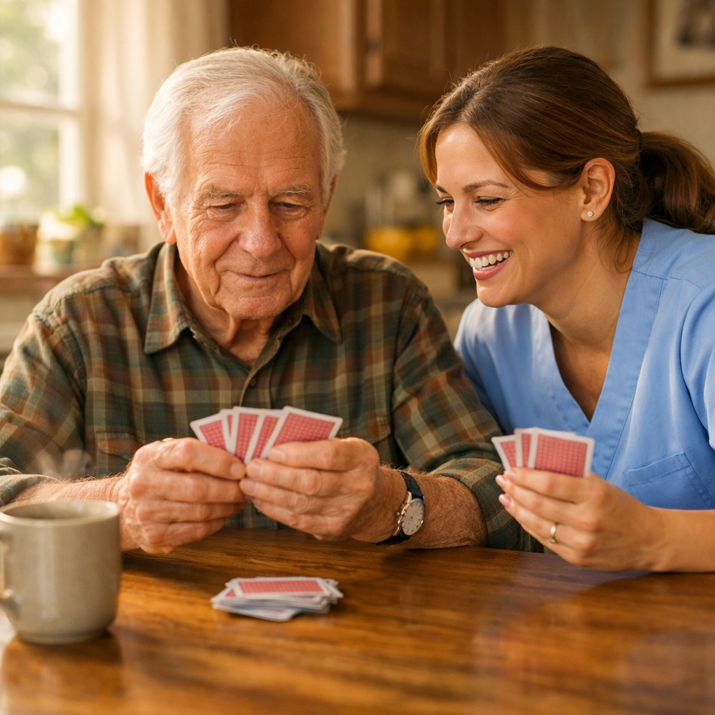 Senior man and home health caregiver playing cards at a table, highlighting social interaction and companion care.
