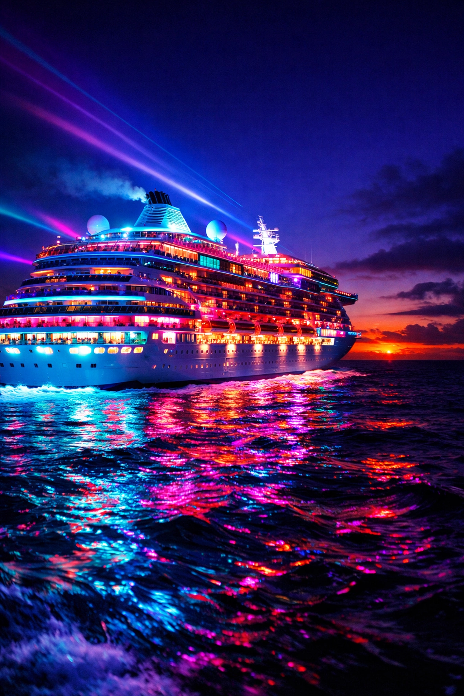 Del Mar Dance Cruise 2026 ship sailing at twilight with vibrant neon lights on the Caribbean Sea.
