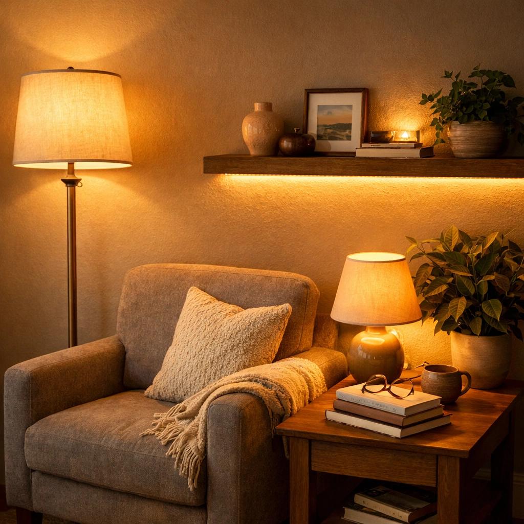 Cozy living room with layered lighting: floor lamp, table lamp, and LED strip lights