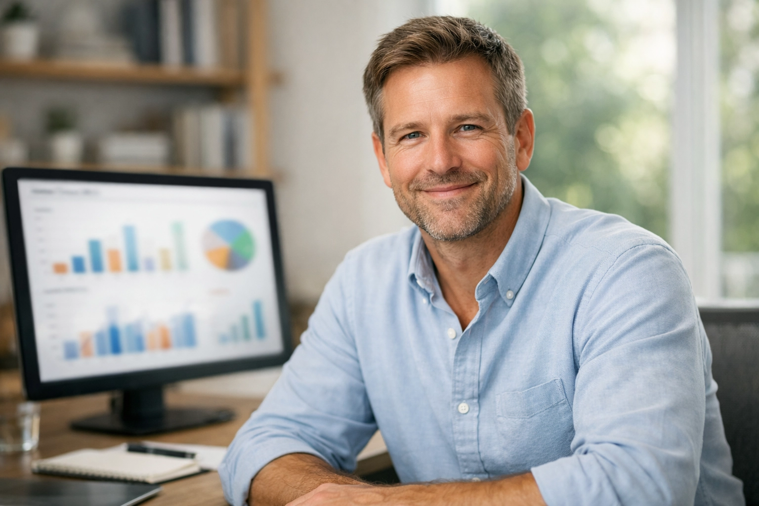 Professional monthly bookkeeper smiling in a modern office, ready to provide affordable bookkeeping services.