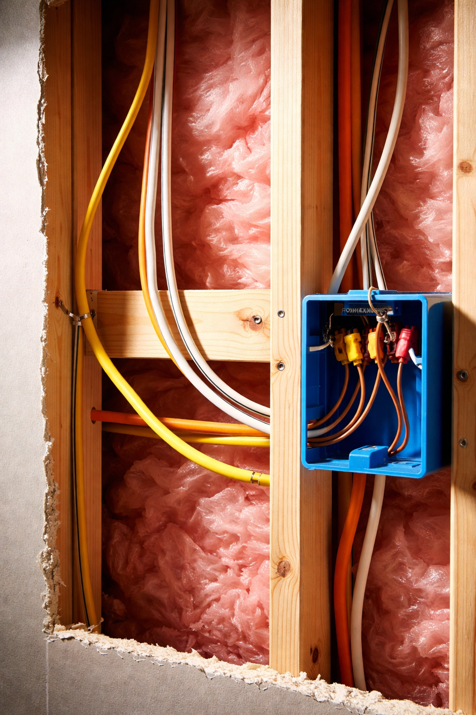 Exposed electrical wiring and framing inside a home wall showing fire hazards emergency electricians in Atlanta check for