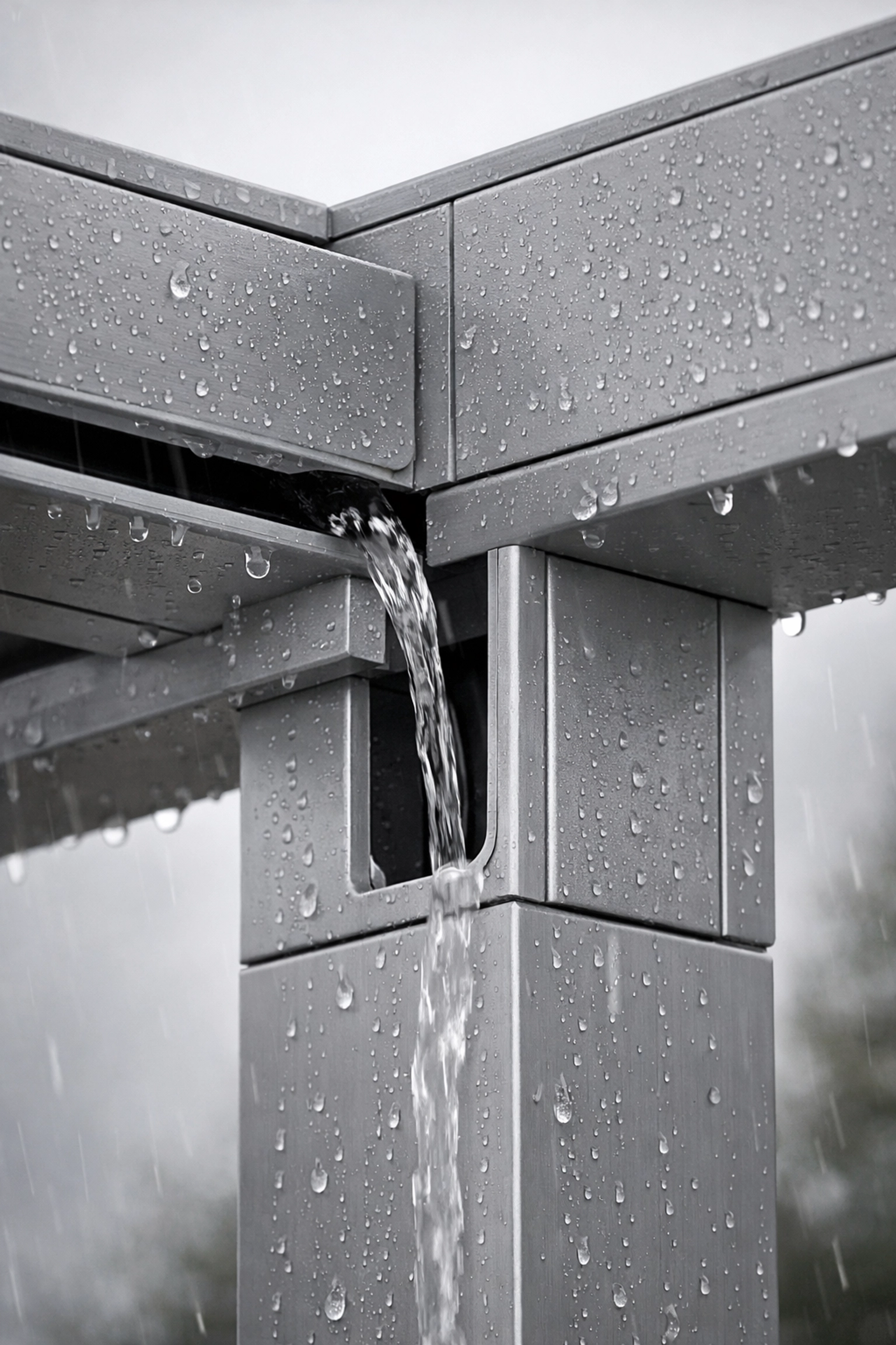 Integriertes Entwässerungssystem eines Lamellendachs bei Regen