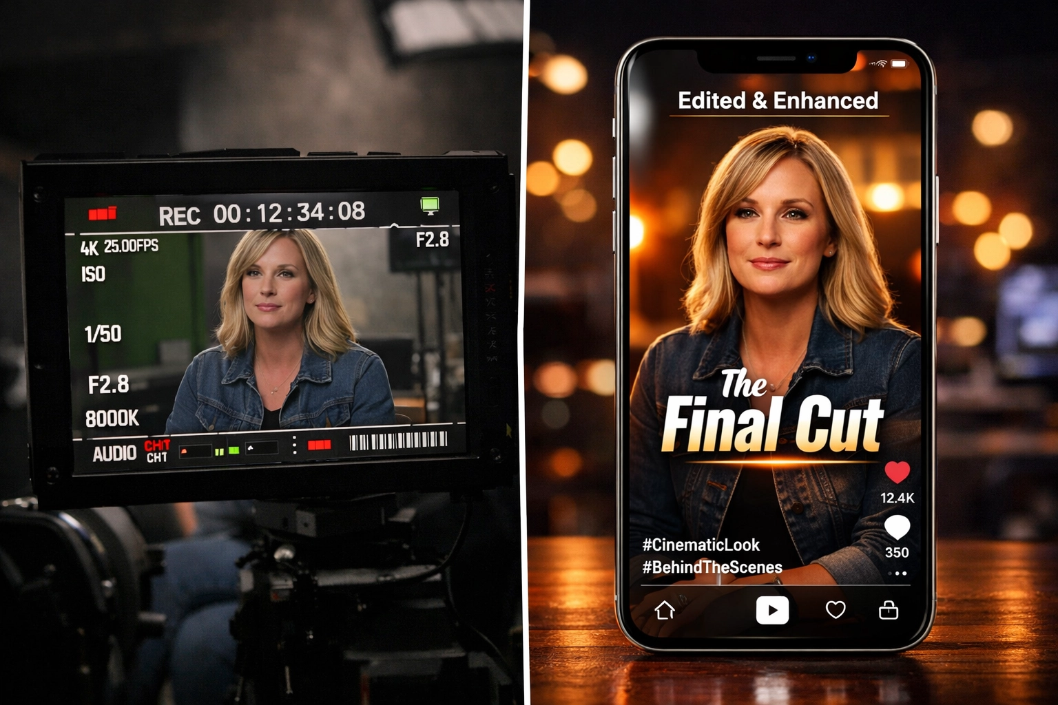 Split screen comparison of raw video footage being transformed into polished Instagram Reel with graphics and text overlays