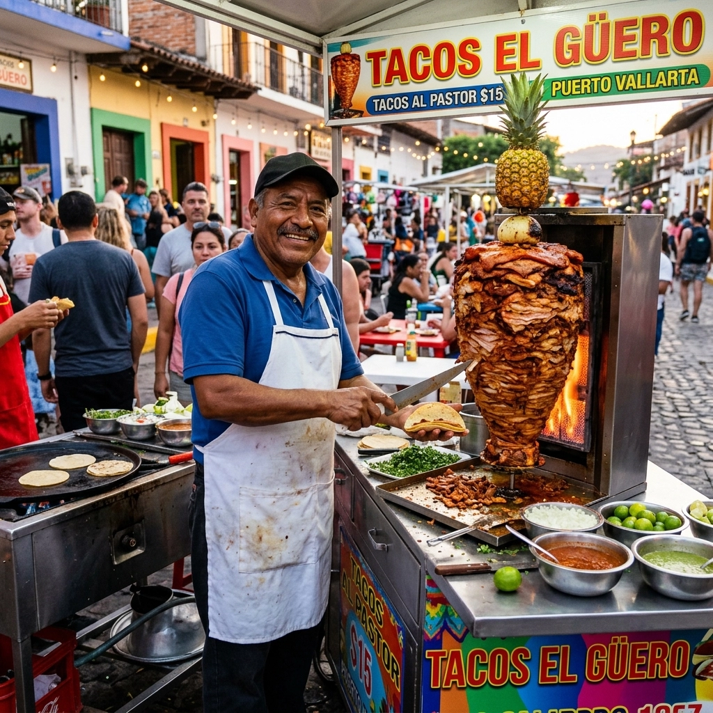 A chef at a taco stand preparing al pastor meat