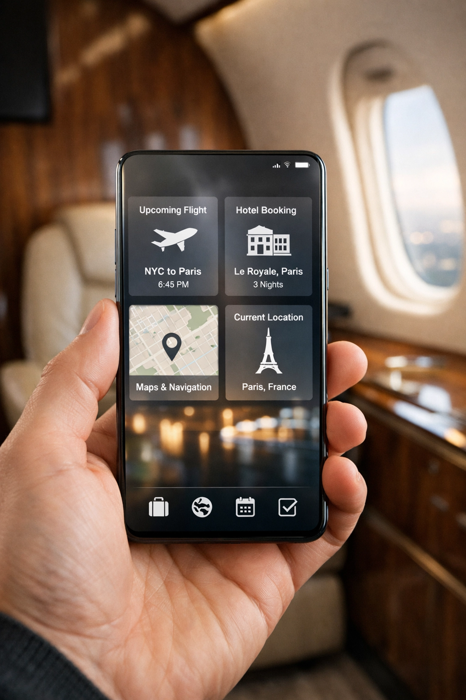 Super Bowl Brand Visibility Secrets Revealed: What Experts Don’t Want You to Know About VIP Engagement Corporate executive using a VIP travel app for digital itinerary management inside a private jet.