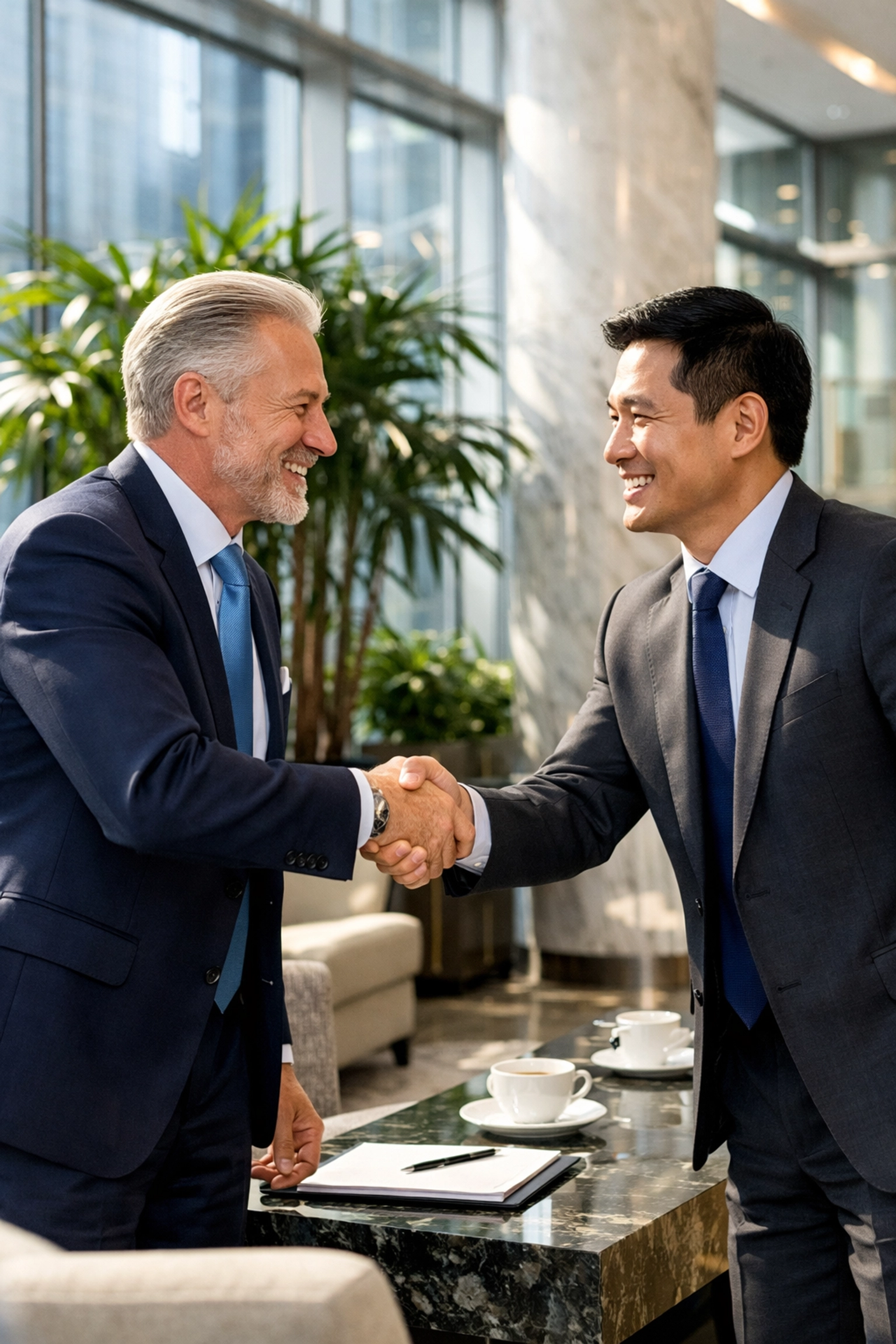 The Ultimate Guide to Super Bowl Brand Presence: Everything You Need to Succeed in the Corporate Branding Blitz Corporate leaders shaking hands in a lounge symbolizing successful Super Bowl branding and new partnerships.