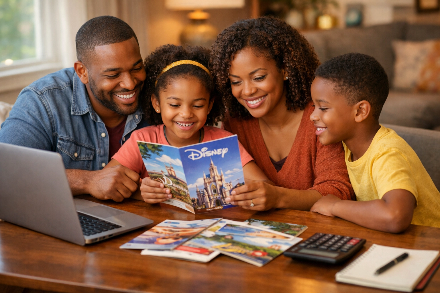 Family planning Disney vacation budget with laptop and travel brochures at home