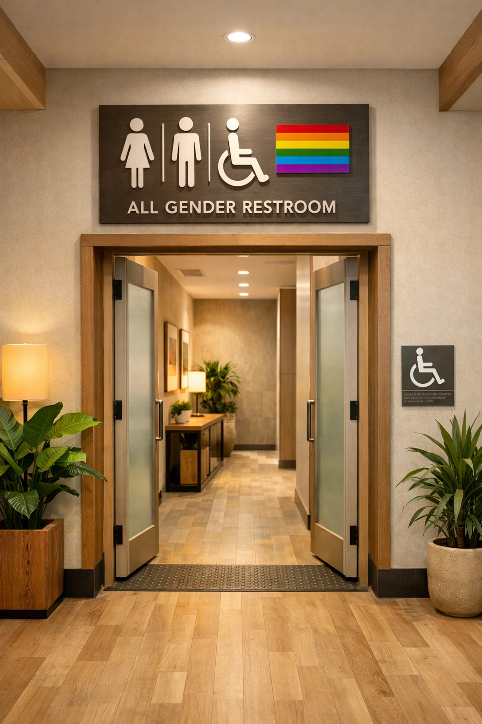 Gender-neutral bathroom entrance in inclusive hospitality space