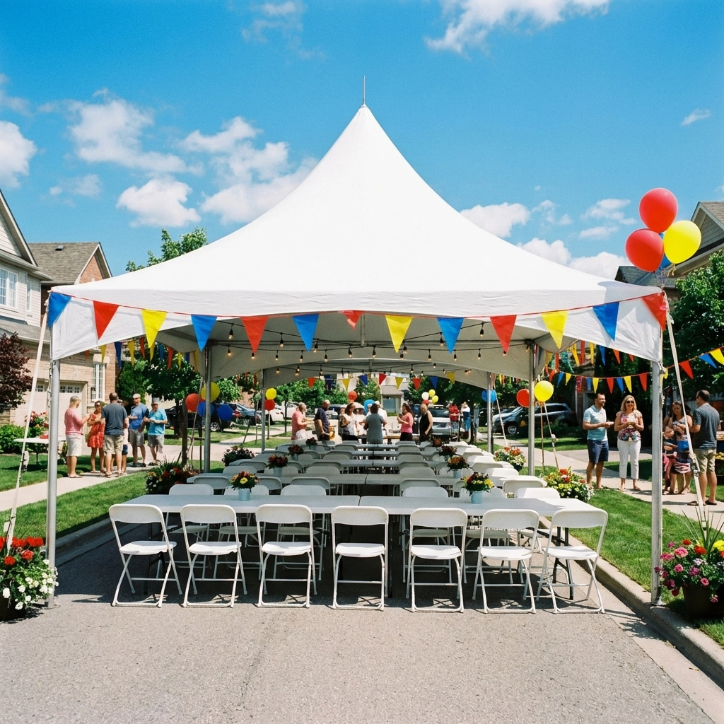 Large white event tent on a sunny neighborhood street with festive decorations for a community block party