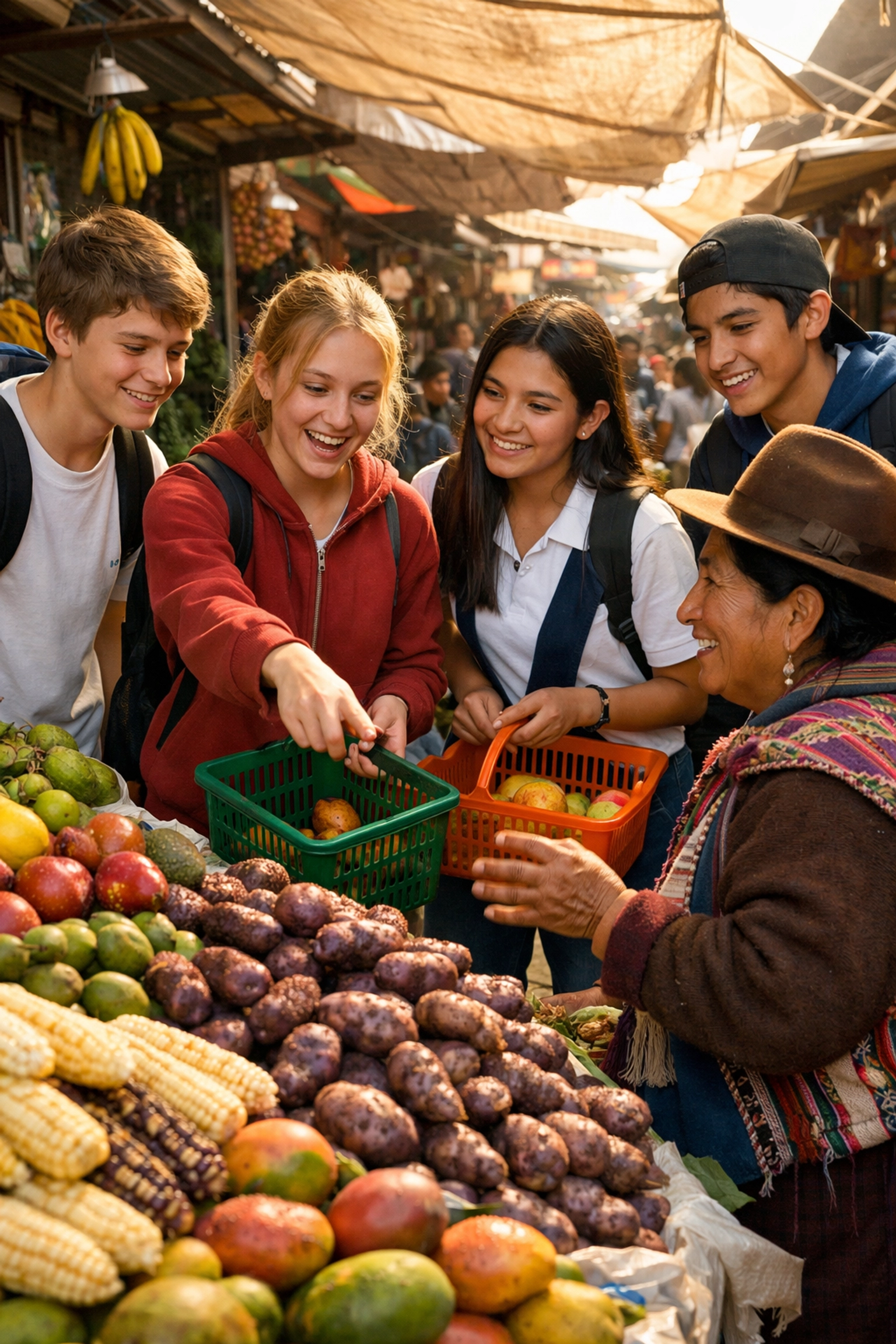 High school students at traditional Peruvian market learning authentic cultural exchange and Spanish