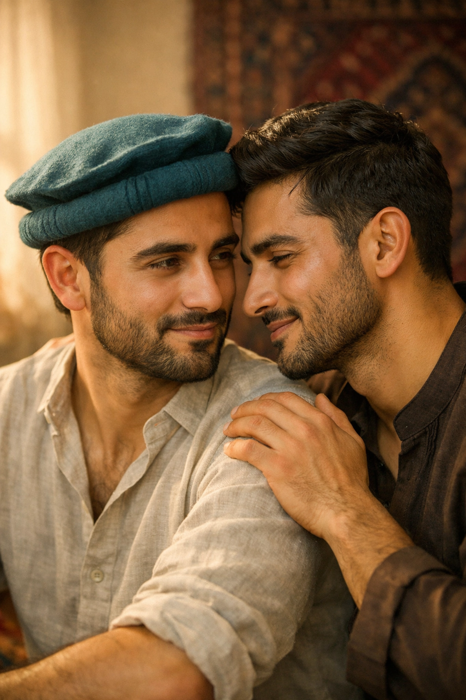 Two Afghan men in traditional and modern attire sharing a quiet, tender moment of connection.