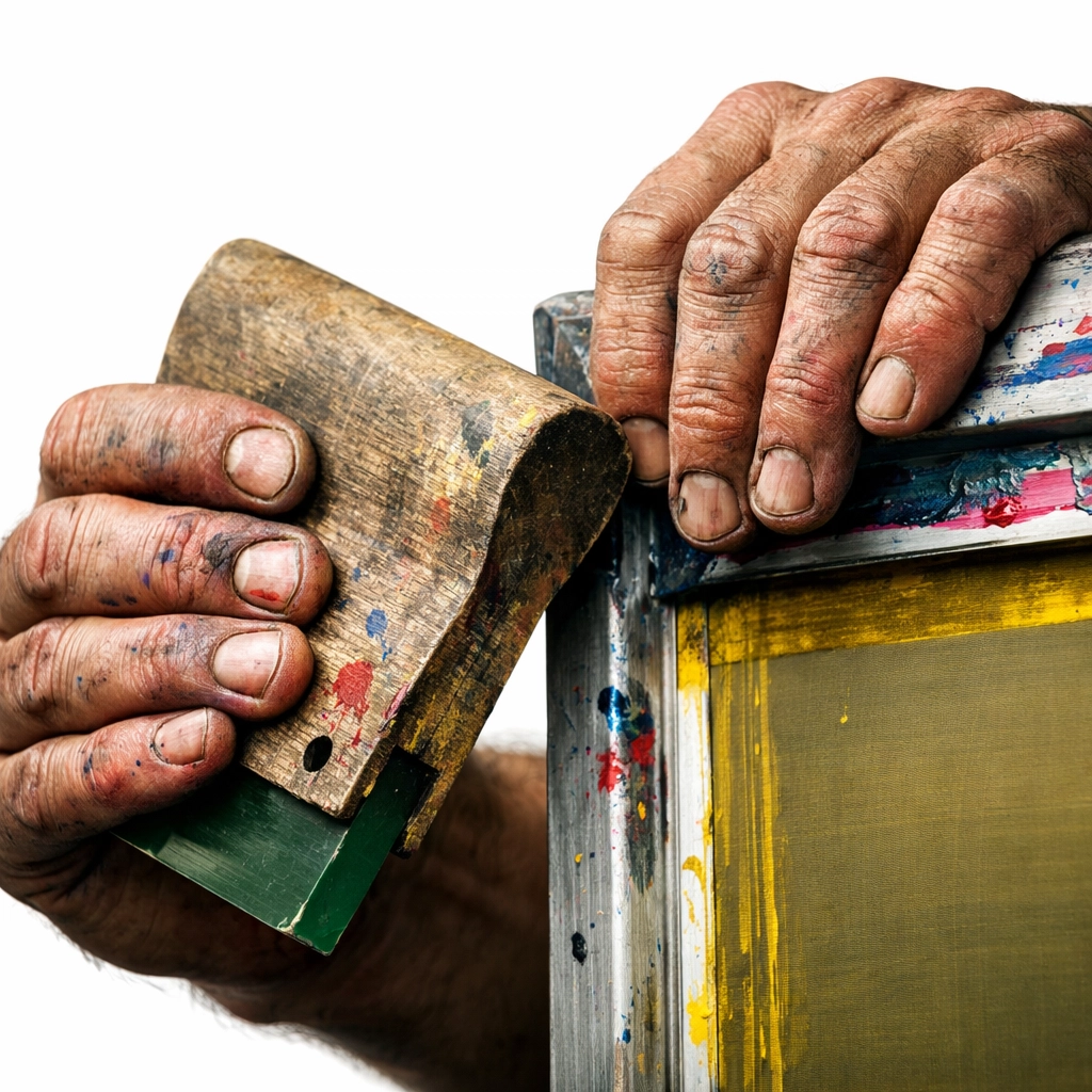 Experienced hands using screen printing tools for in-house custom apparel production