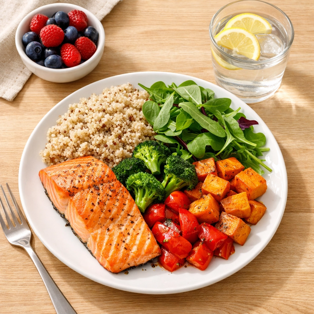 Hormone-balancing meal with salmon, vegetables and quinoa for perimenopause nutrition support