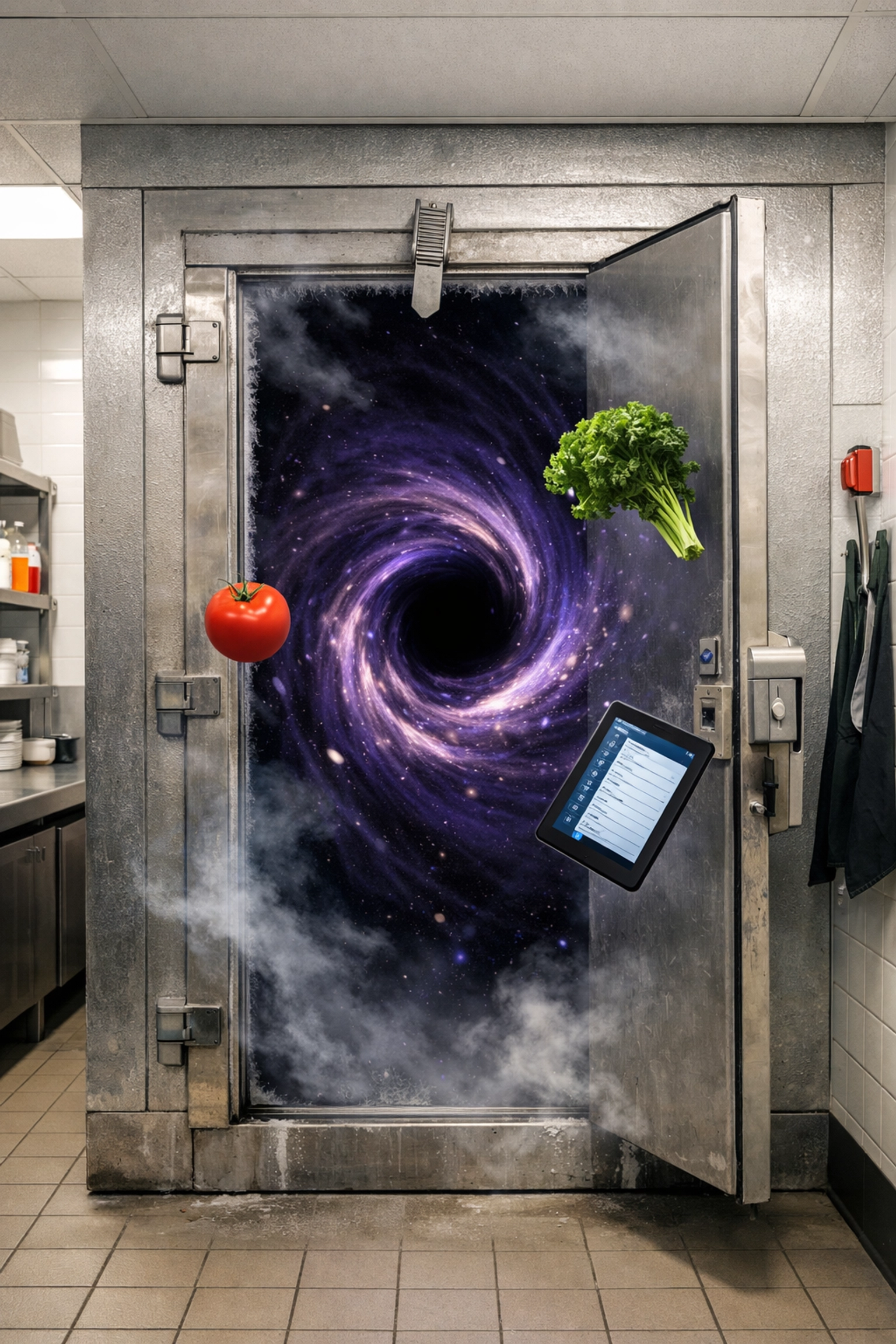 Surreal imagery of a restaurant freezer black hole sucking in food, symbolizing inventory waste and loss.