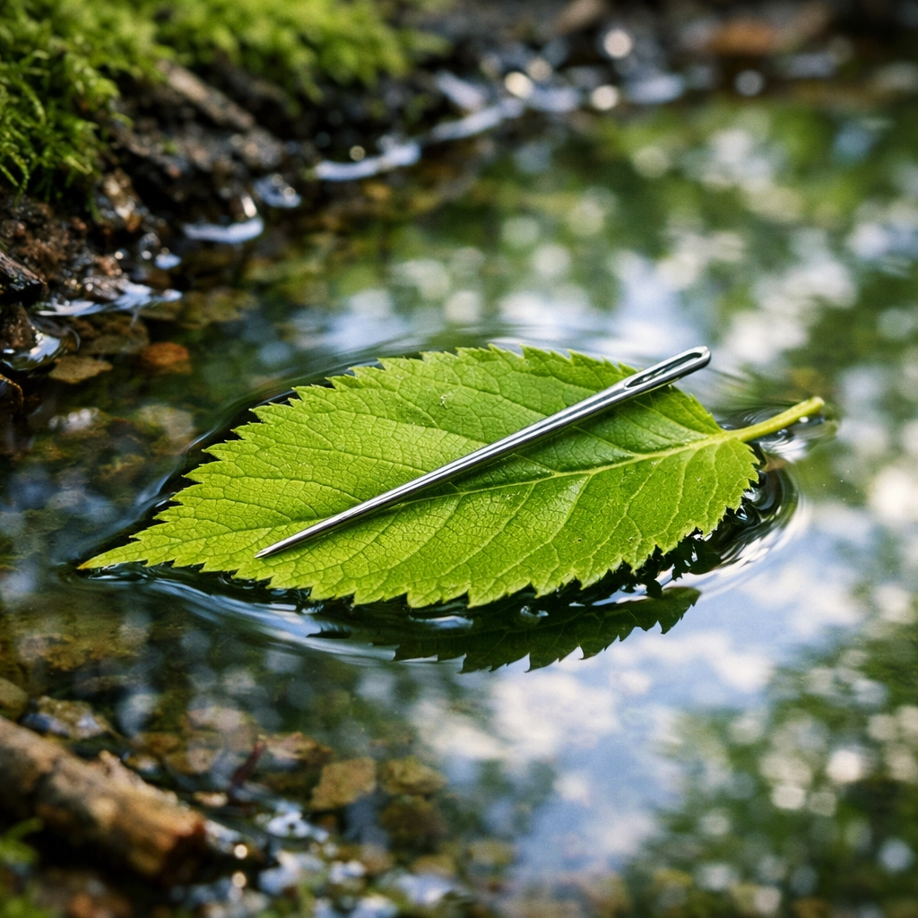 A DIY survival compass with a needle on a leaf floating in a puddle during a UK camping adventure.
