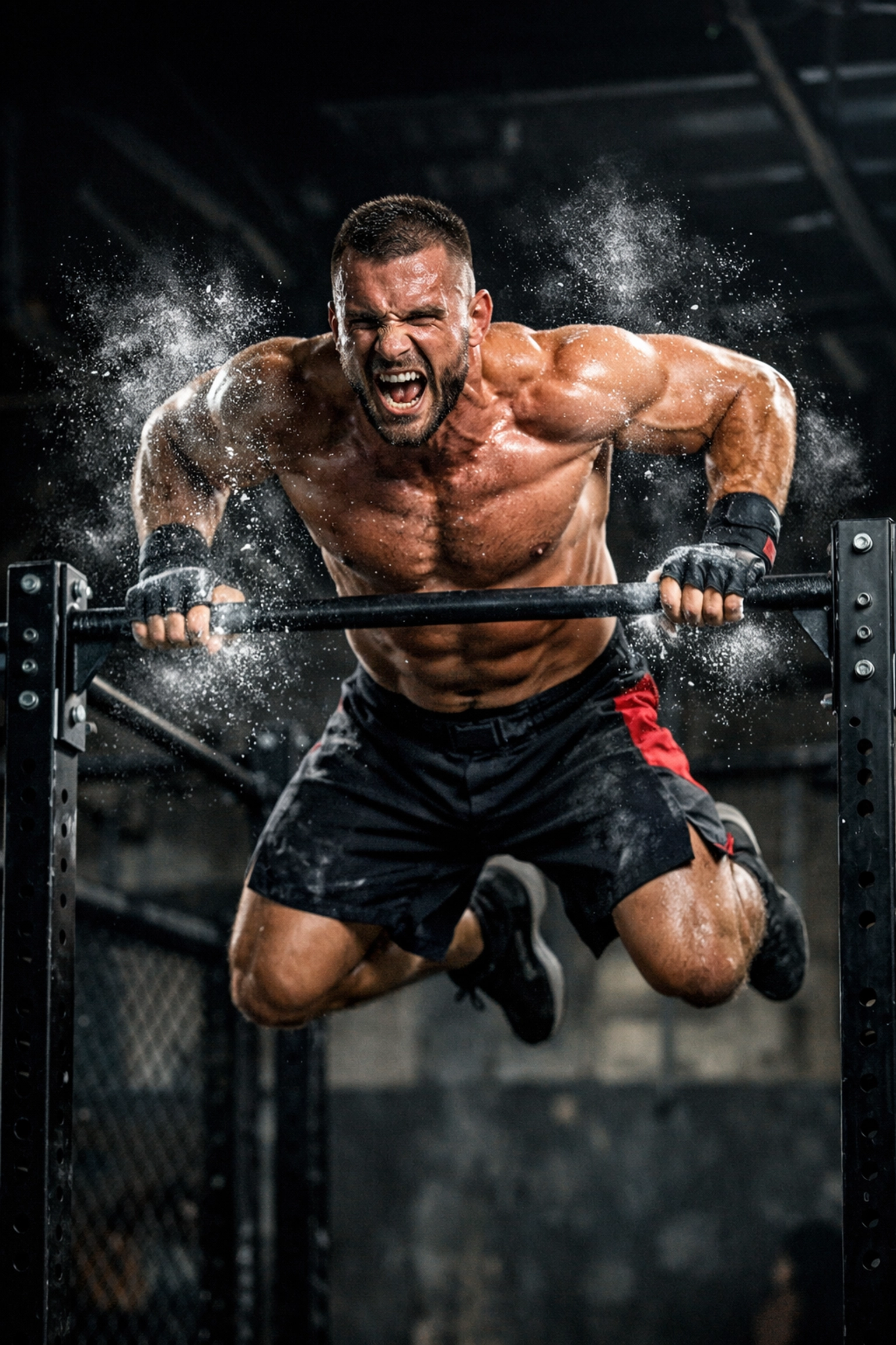 MMA athlete performing an explosive muscle-up on a crossfit home gym pull up bar alternative.