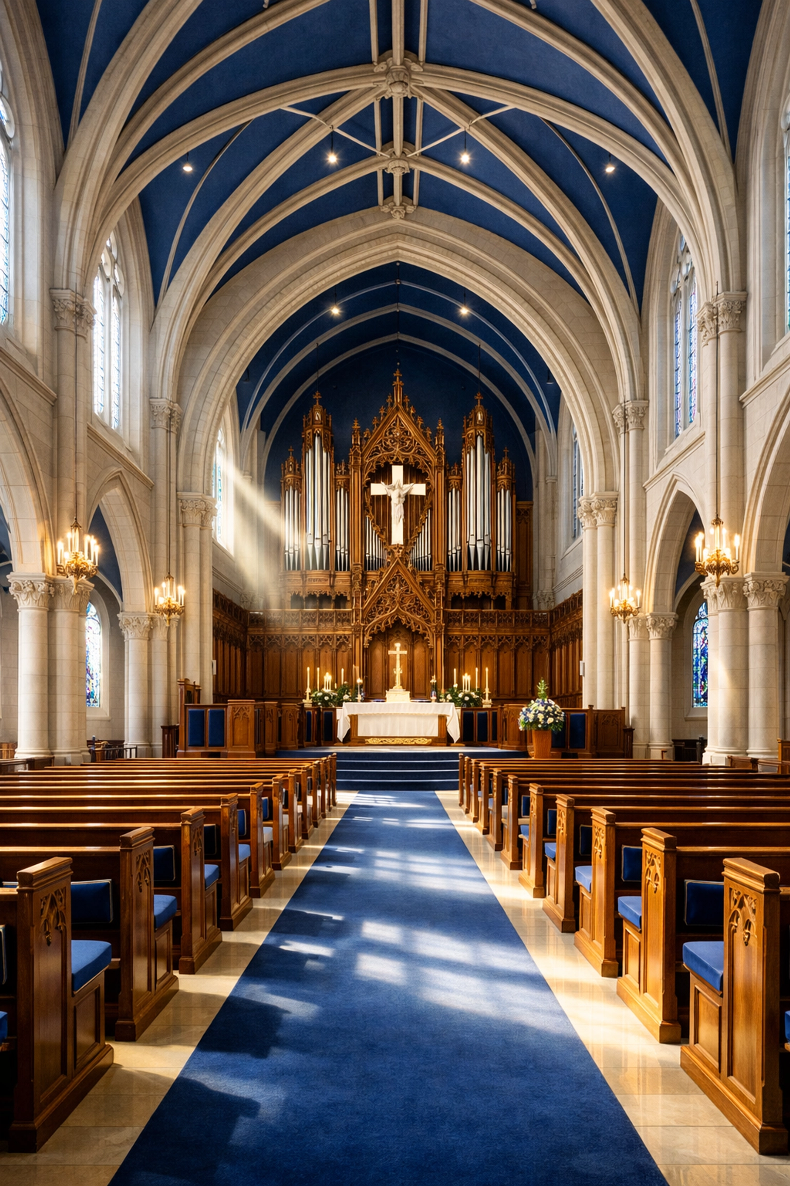 Clean and serene historic church sanctuary in Lawrence prepared for Sunday service.