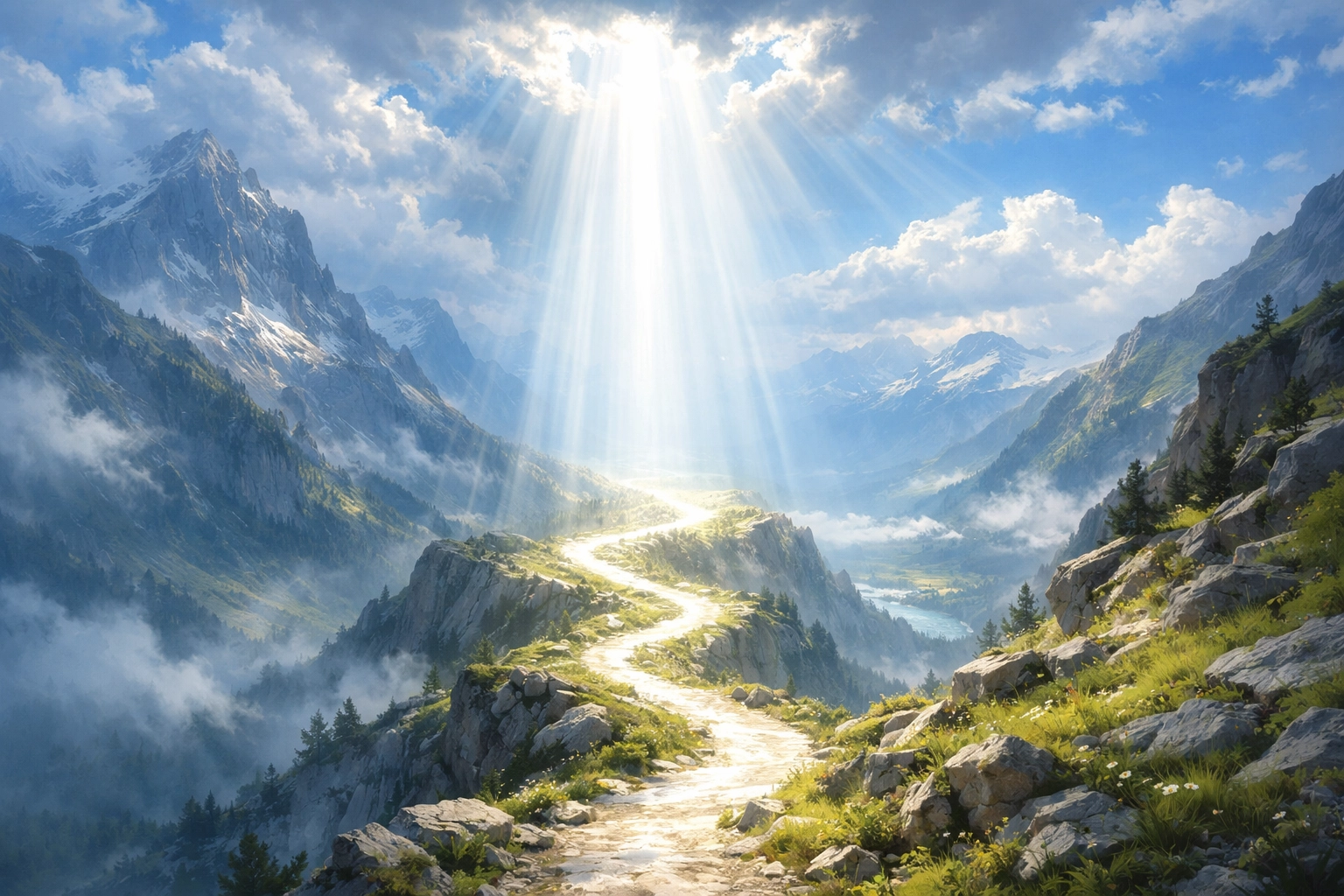 Radiant light from the sky shining on a mountain trail, illustrating the Holy Spirit's role in holiness.