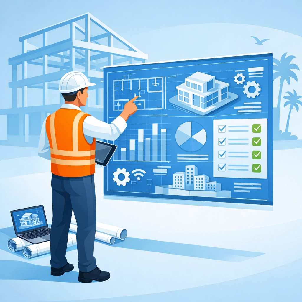 Licensed engineer reviewing blueprints for expedited private provider services on a Florida job site.