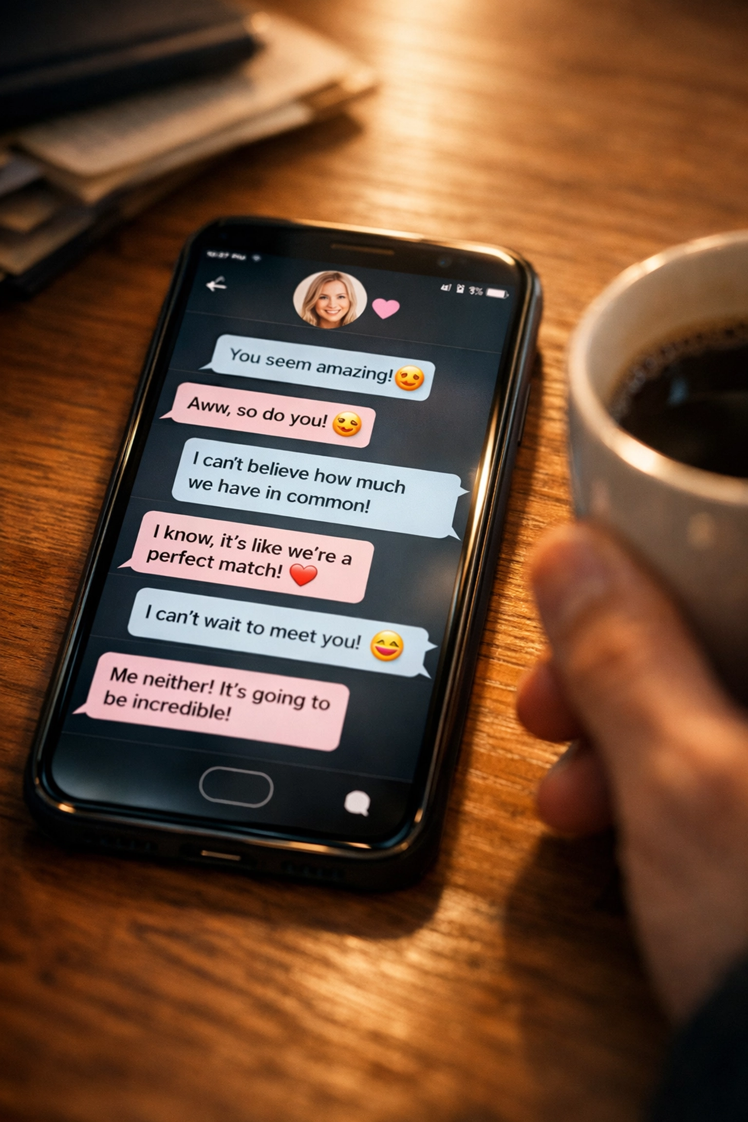 Dating app conversation showing love bombing messages from potential romance scammer