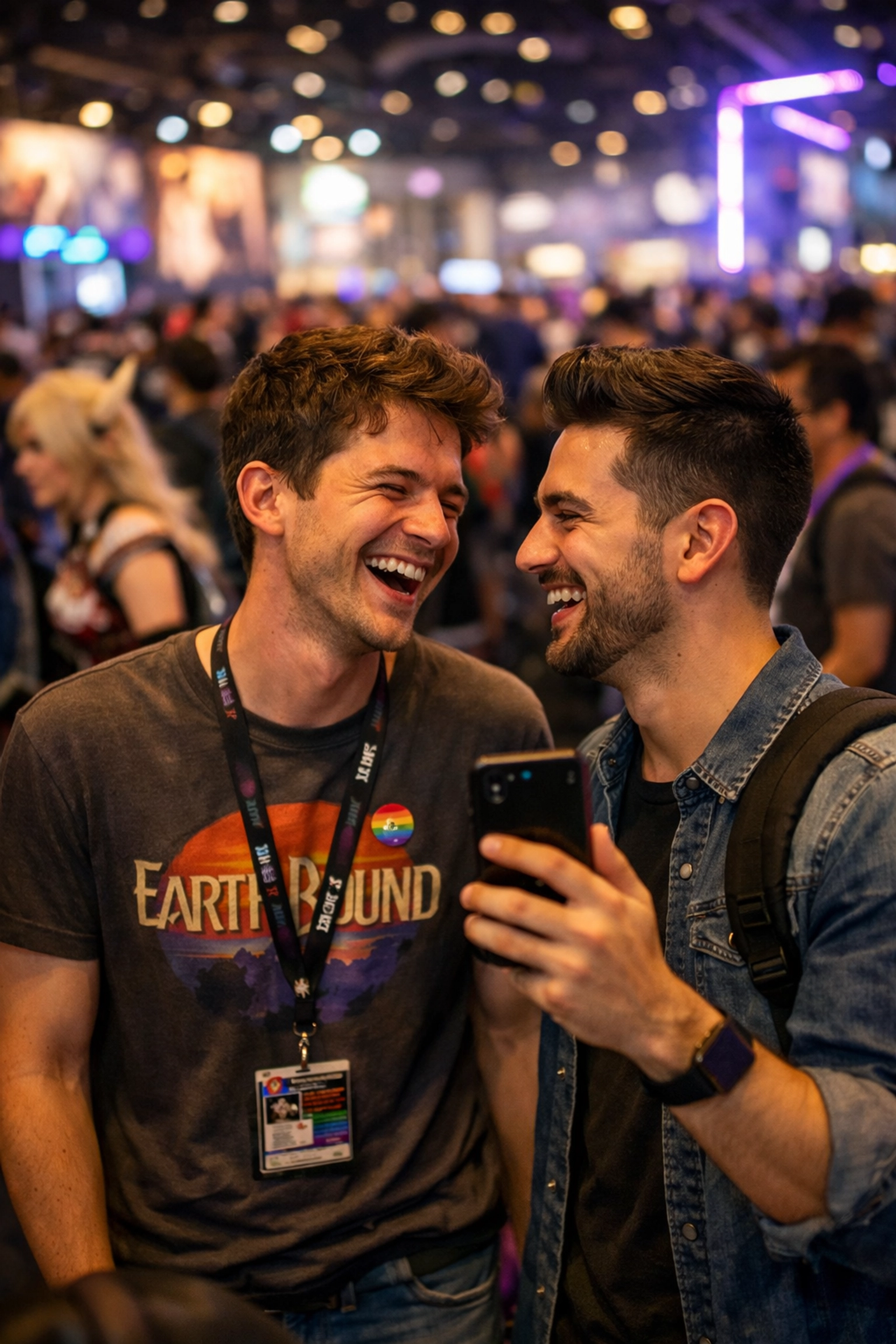 Two gay men laughing together at gaming convention meet-cute moment