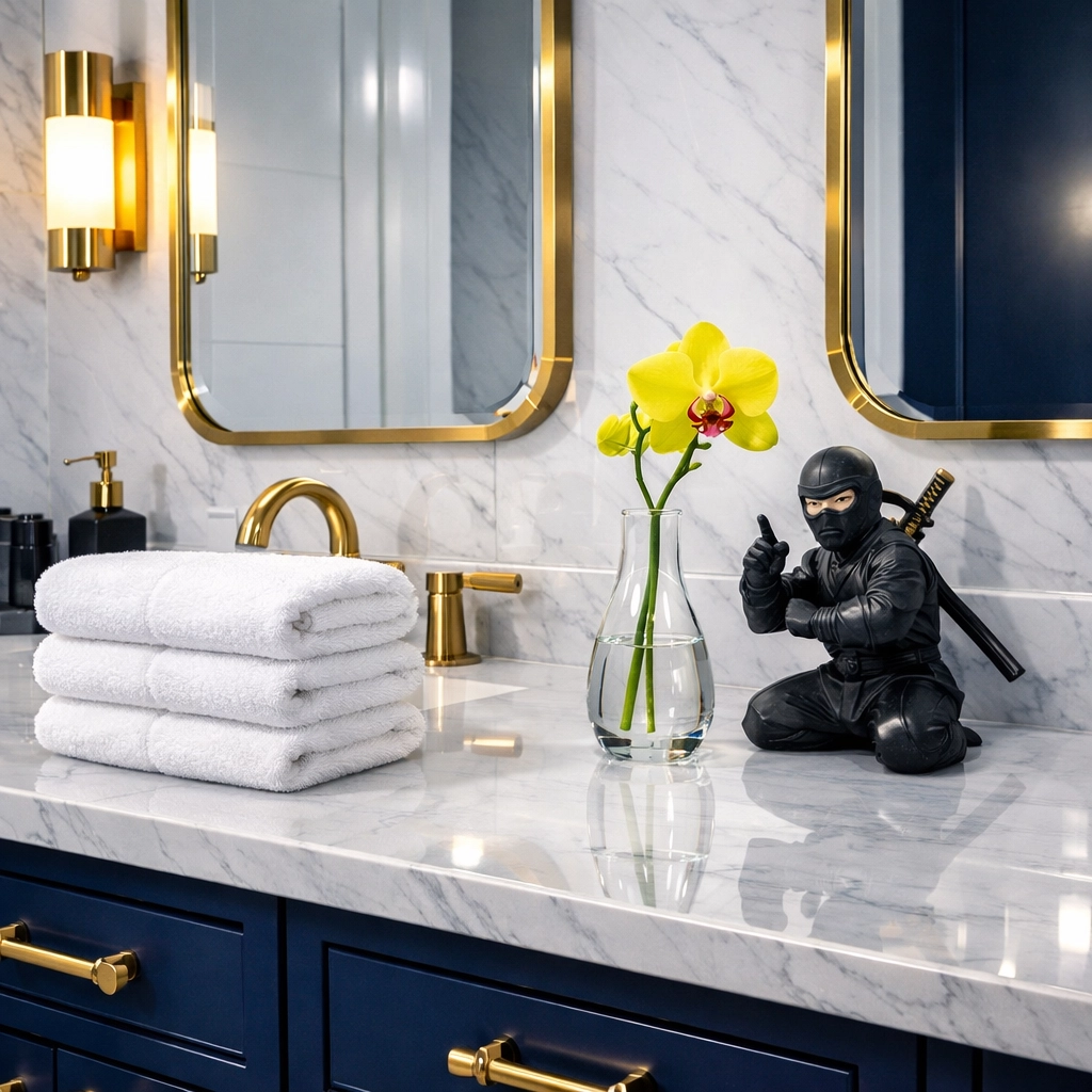 Sanitized master bathroom vanity showing the high-end results of residential cleaning in Wenham homes.
