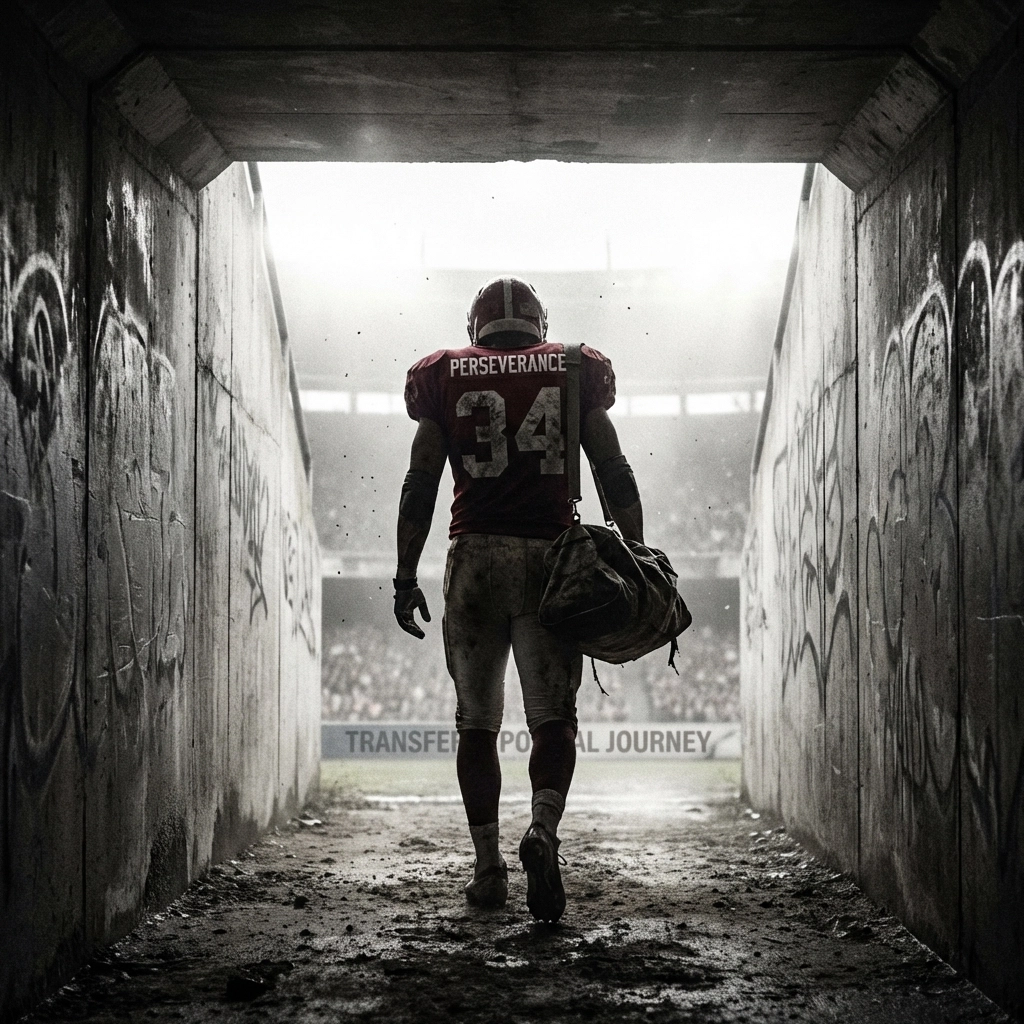 Football player in red jersey walks through a stadium tunnel, symbolizing perseverance and the transfer portal journey