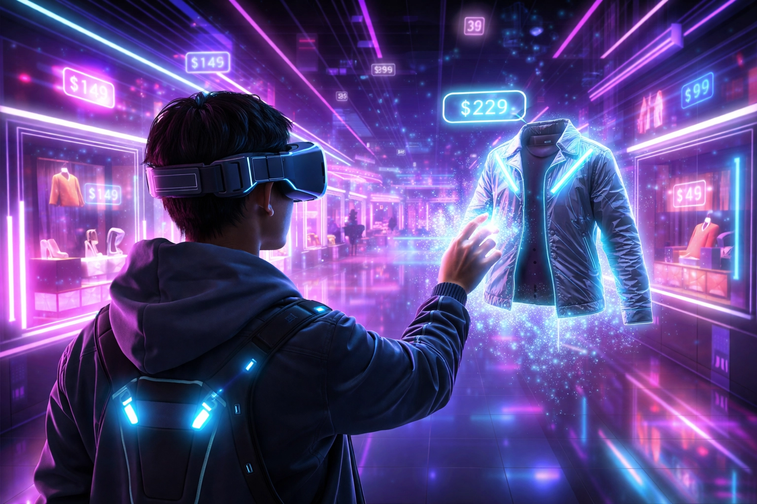 Shopper wearing VR headset explores a virtual mall with holographic storefronts and digital products in a metaverse environment