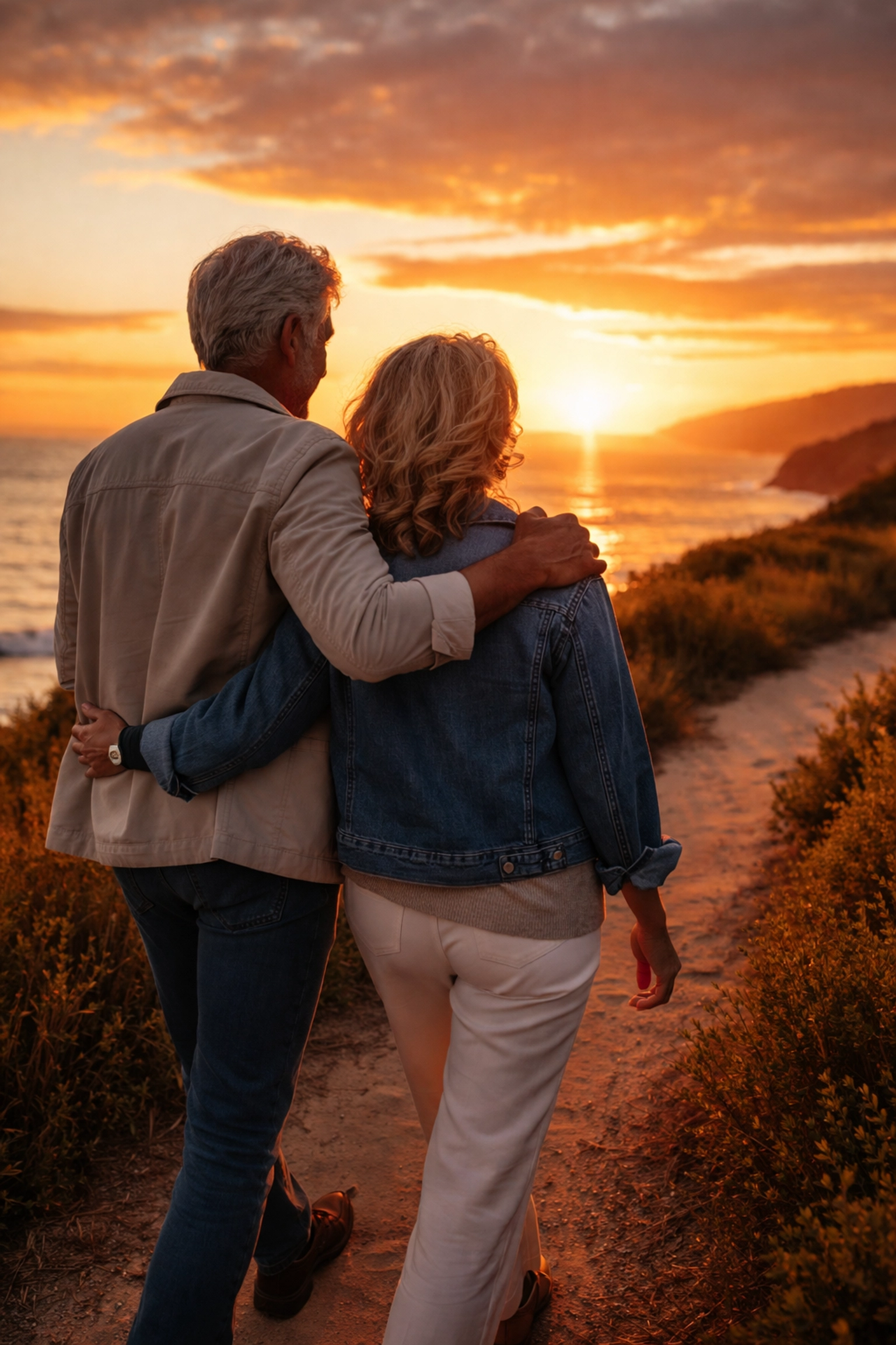 Mature couple in their early 60s walk along a coastal path at sunset, symbolizing optimism for retirement.