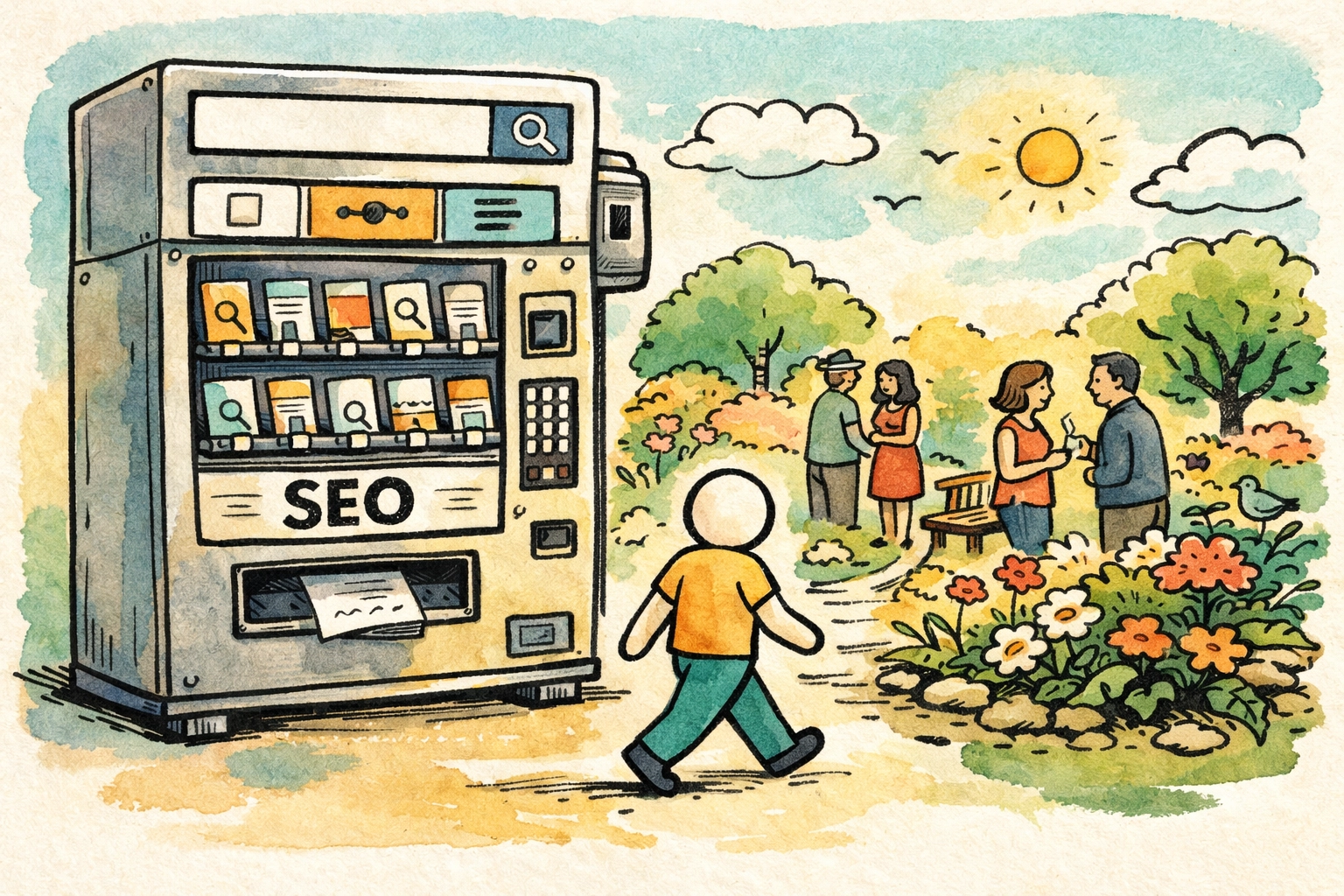 Illustration of a person moving from a search bar vending machine to a conversation, depicting audience affinity.