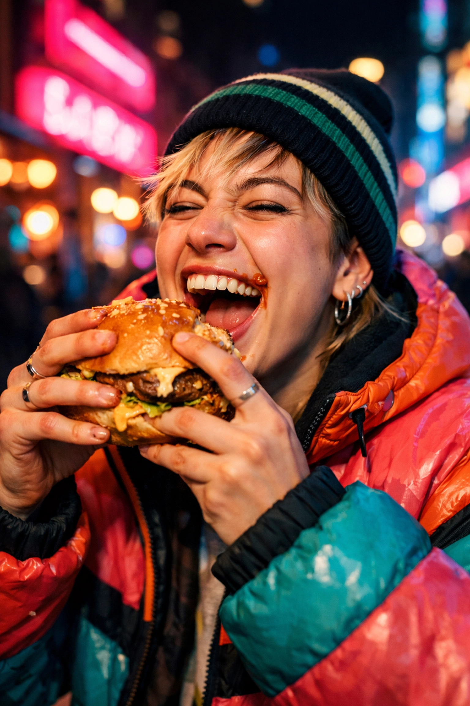A young person in streetwear taking a huge, messy bite of a burger on a vibrant neon city street.