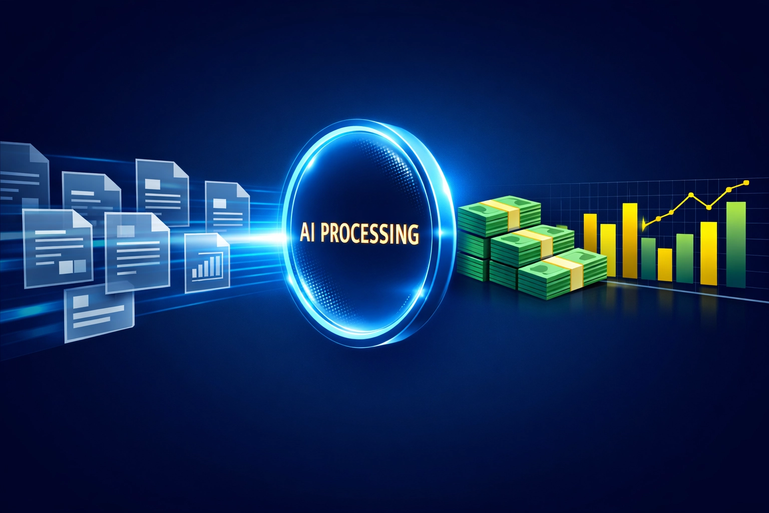 AI-powered tax automation process transforming financial documents into a maximized tax refund.