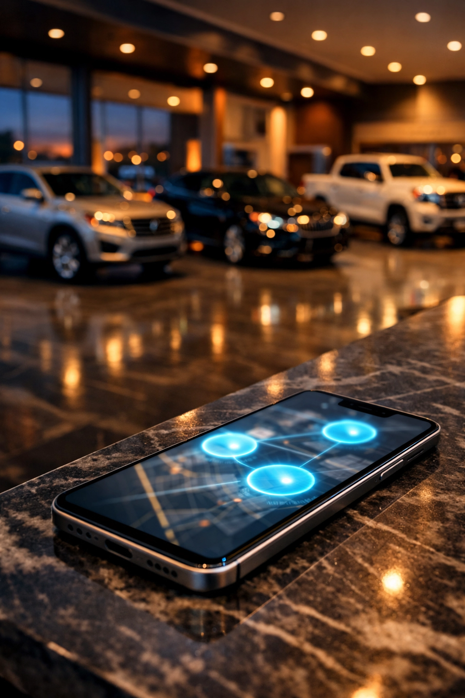 Smartphone displaying geofencing map data in an automotive dealership showroom for targeted transportation marketing.