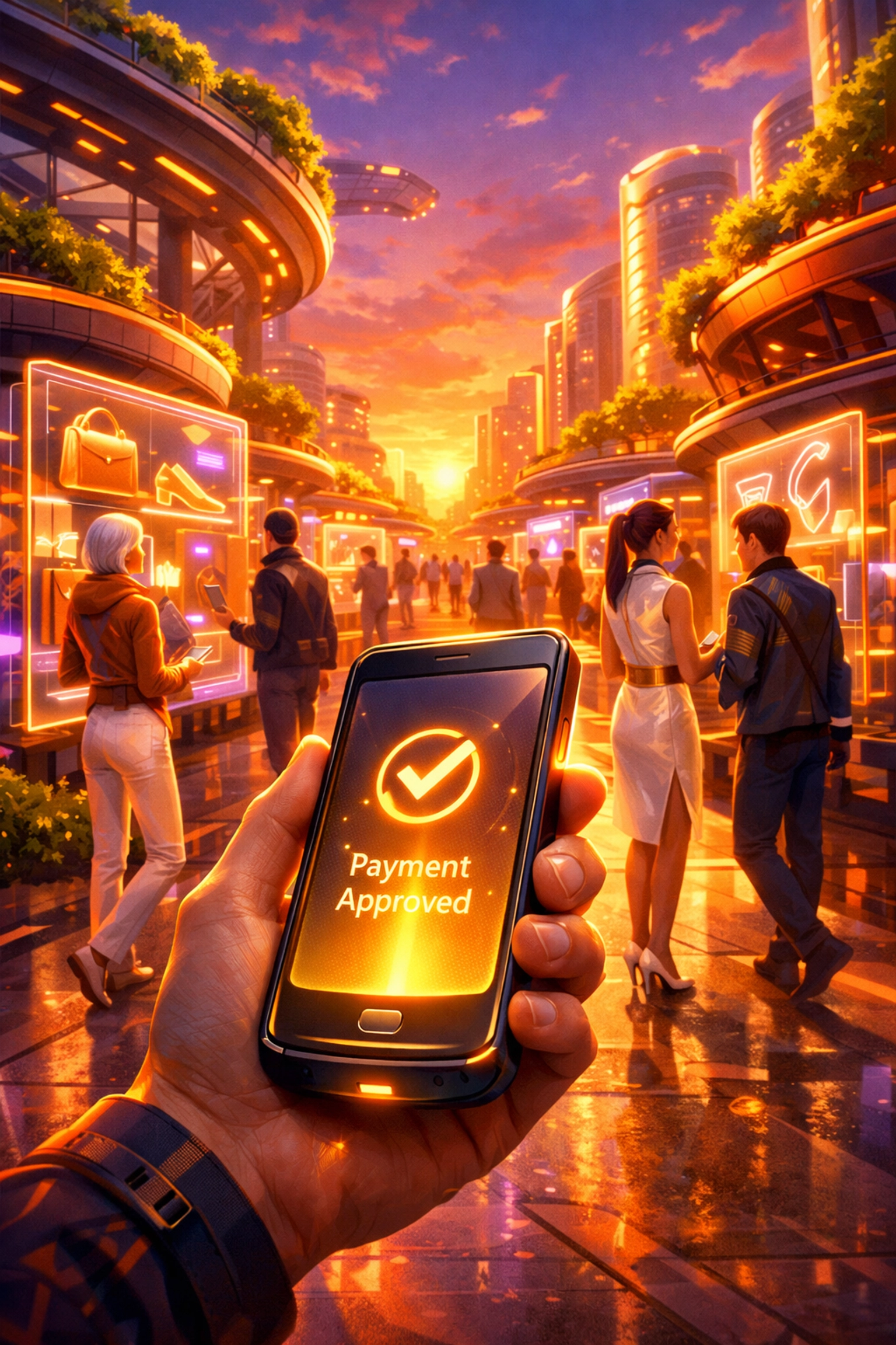 Futuristic marketplace showing global commerce and successful digital transactions through the Larecoin ecosystem.