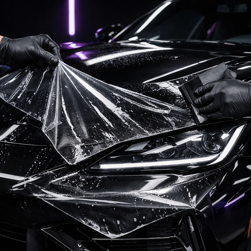 Professional Paint Protection Film installation on luxury sports car in Clayton NC