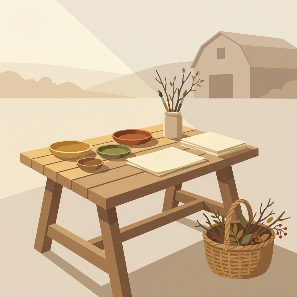 Outdoor workspace with table, natural pigment dishes, foraged paintbrushes in a jar, and basket of materials for making art on the farm.