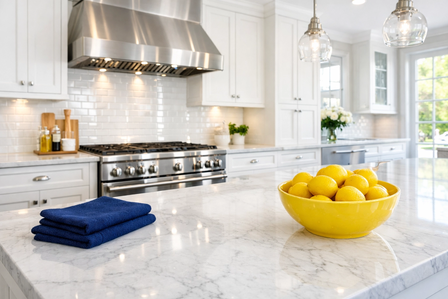 Pristine white kitchen with marble countertops following a professional deep cleaning in Westford.