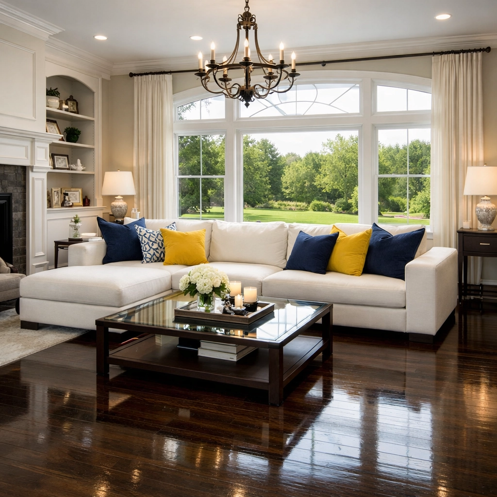Immaculate colonial living room with hardwood floors showing results of house cleaning North Andover MA.